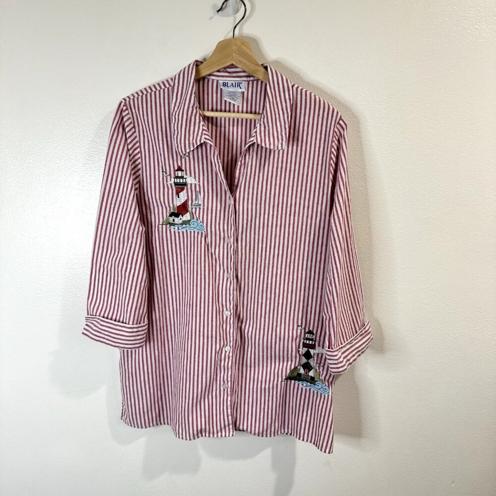 Vintage 80s 90s Blair Shirt Size L Lighthouse Beach Striped Red Nautical Blouse